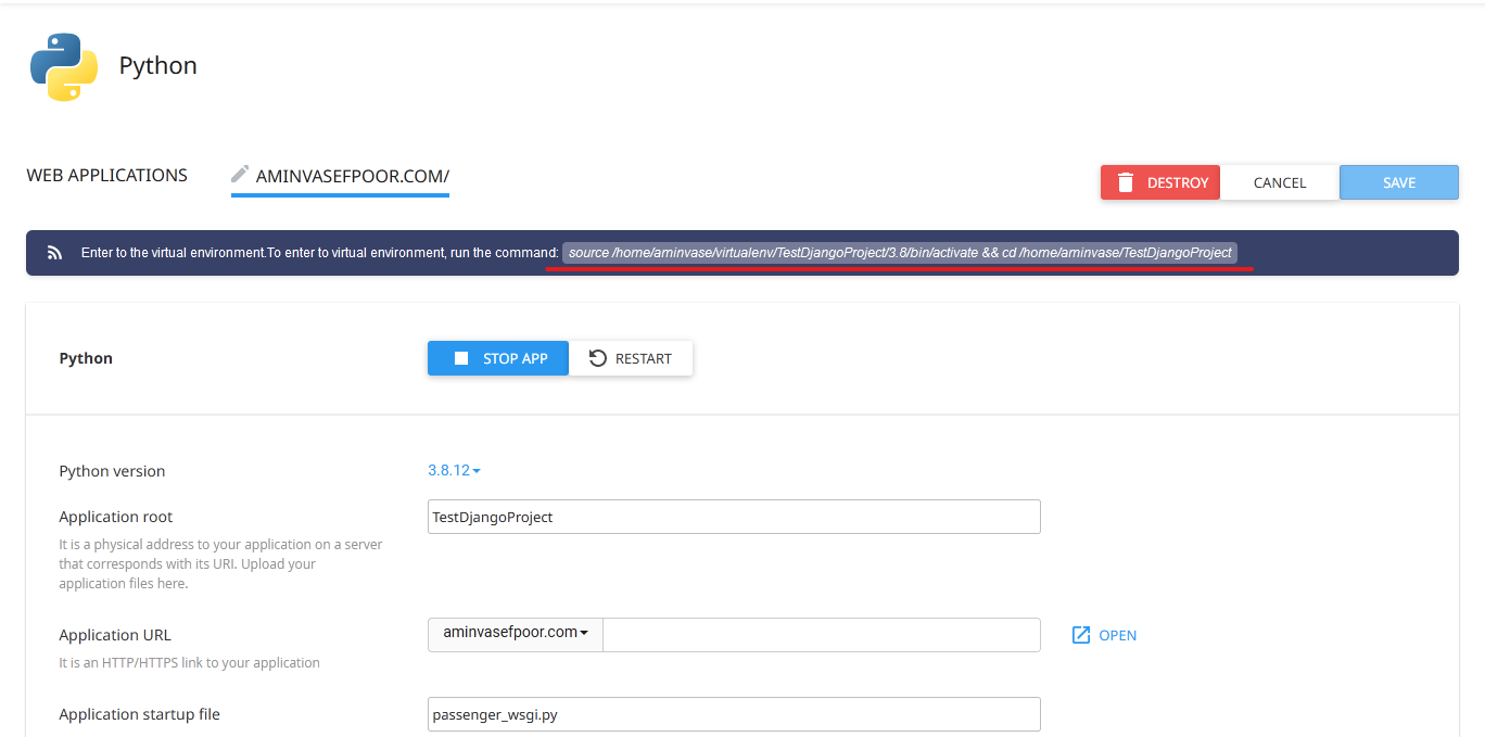 کپی کردن دستور فعالسازی venv